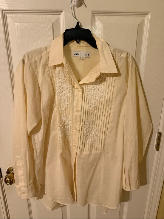 Zara Tops - Zara Cream Pintuck Shirt with Floral Embroidery